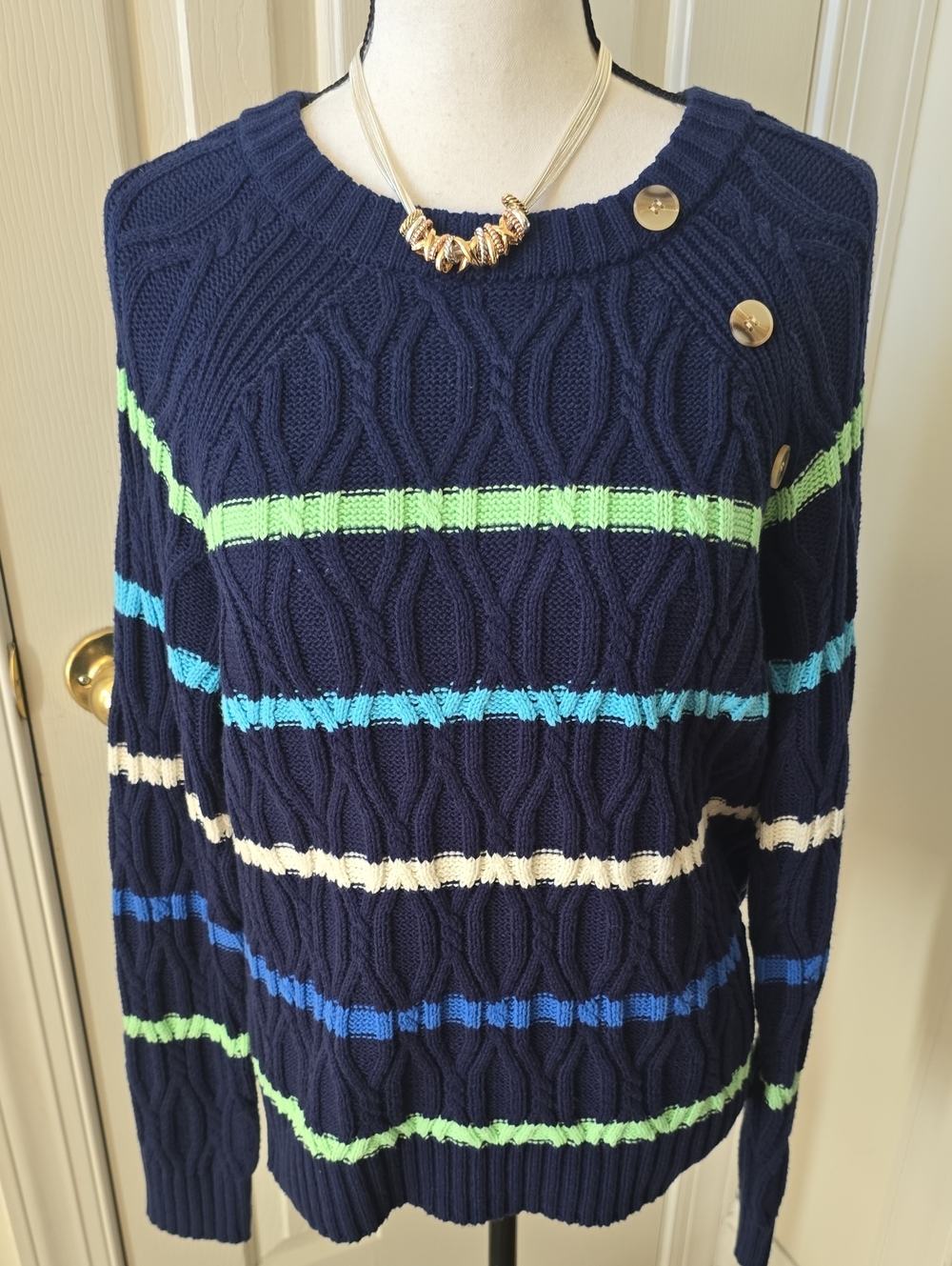 St. John's Bay Brand Women's Navy Stripes Cable Knit Crew Sweater Size Large